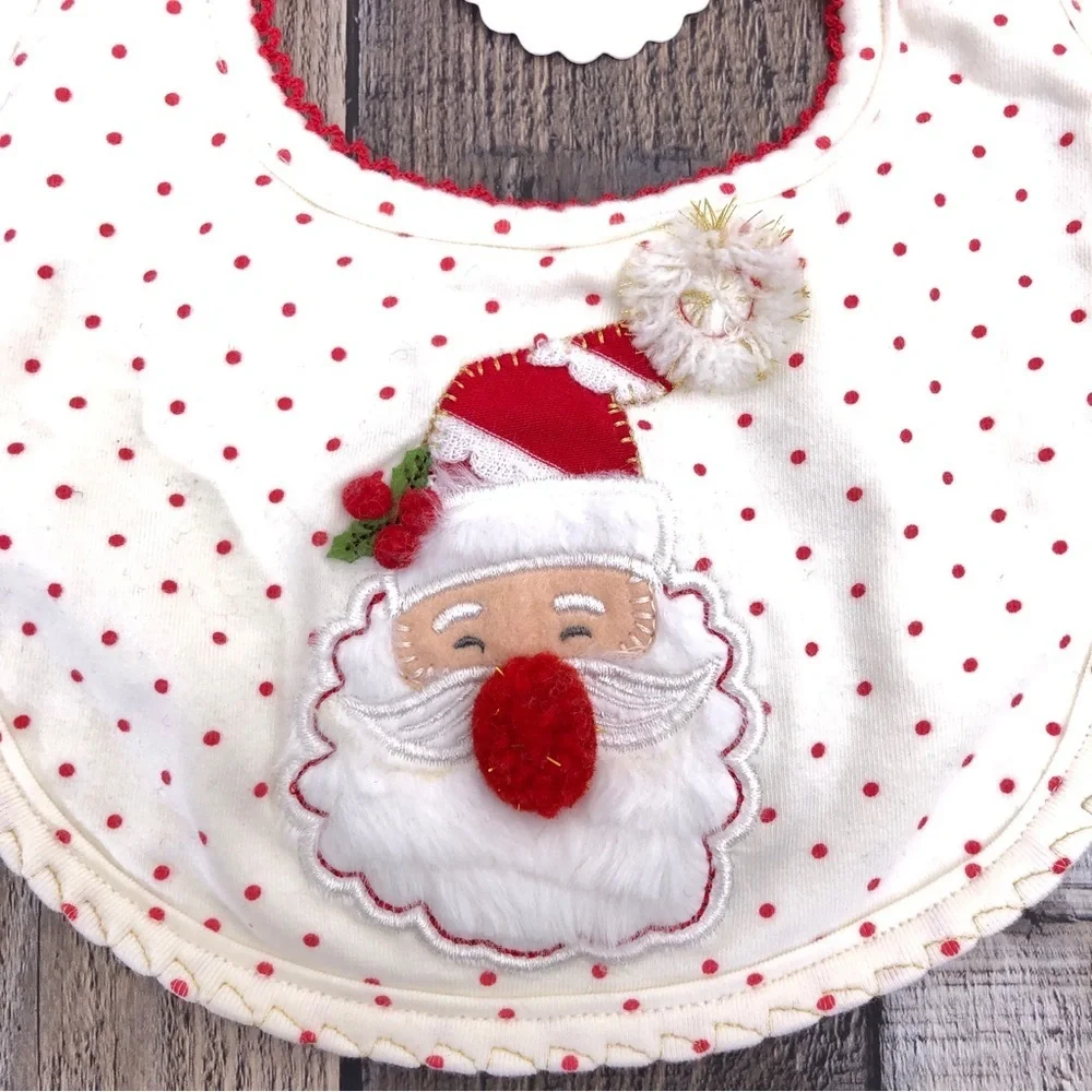 MUD PIE Cream Red Polka Dot Santa Claus Christmas Baby Bib NWT + Hair Tie Lot